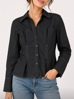 En Saison Black Button-Down Shirt with Contrast Stitching